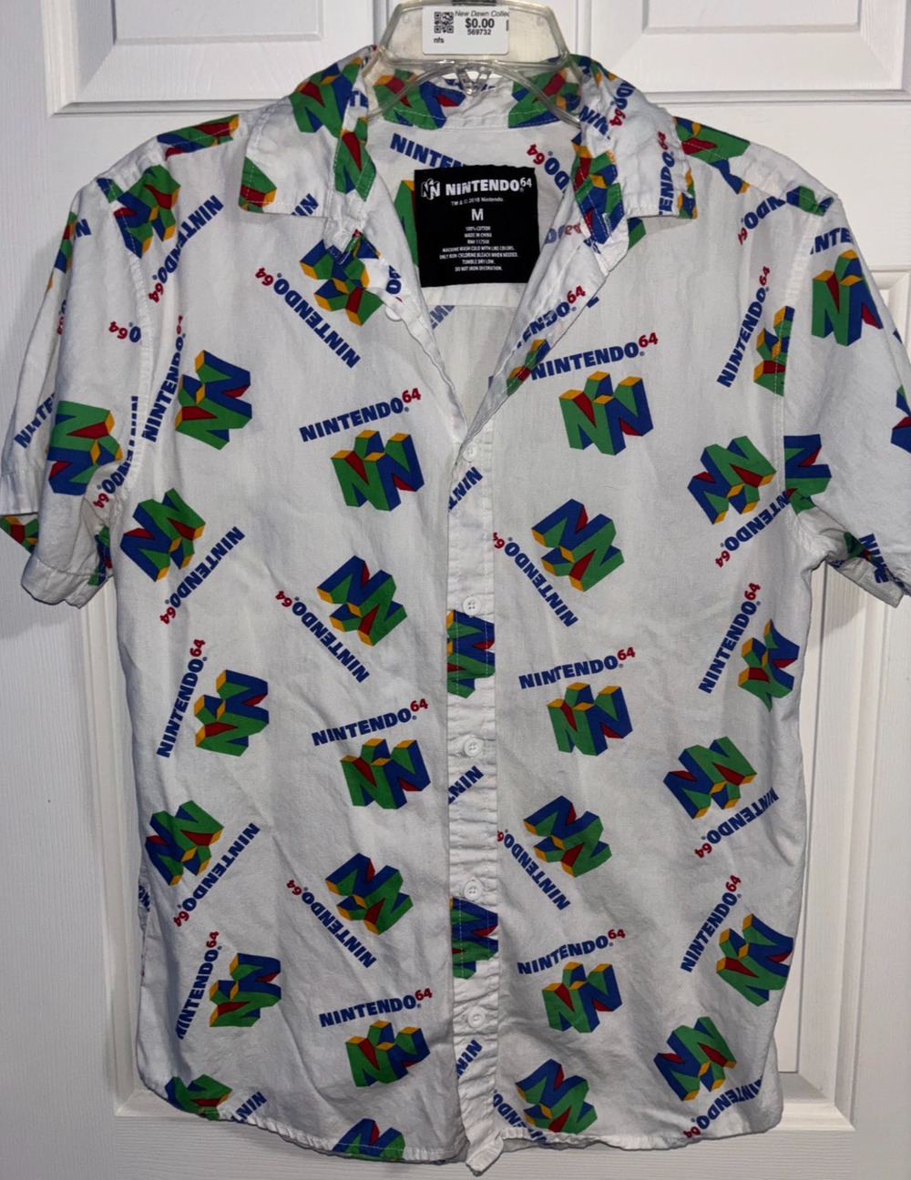Nintendo 64 Shirt Mens M White All Over Print AOP N64 Logo Button Up Retro Gamer